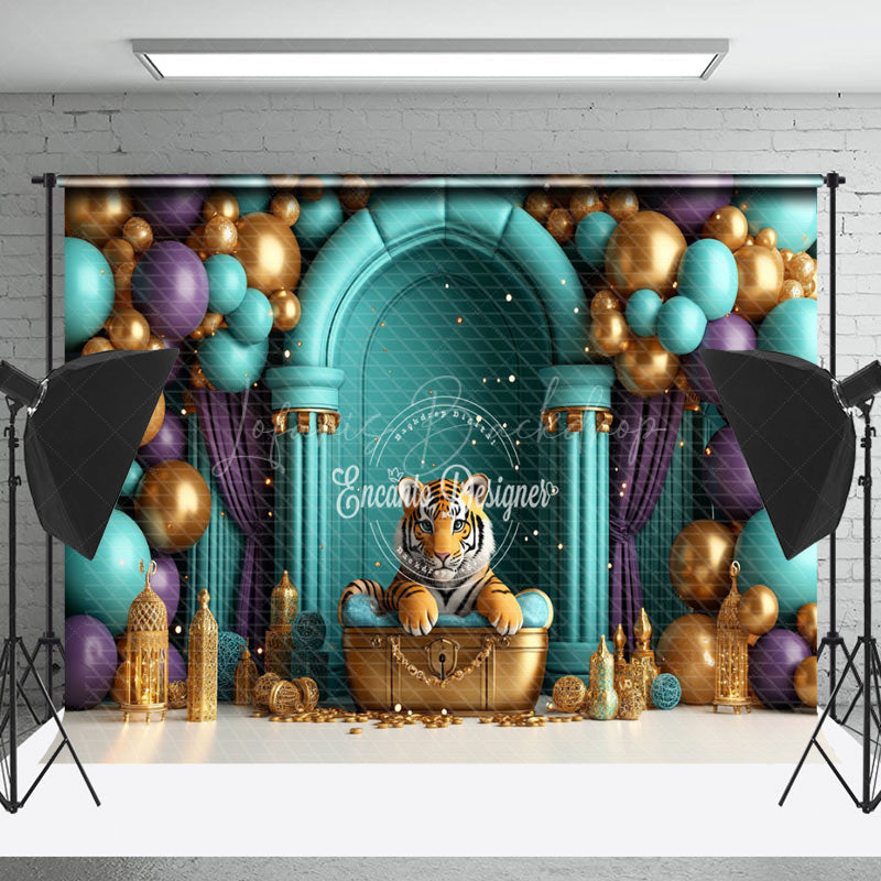 Lofaris Tiger Treasure Green Wall Balloon Cake Smash Backdrop