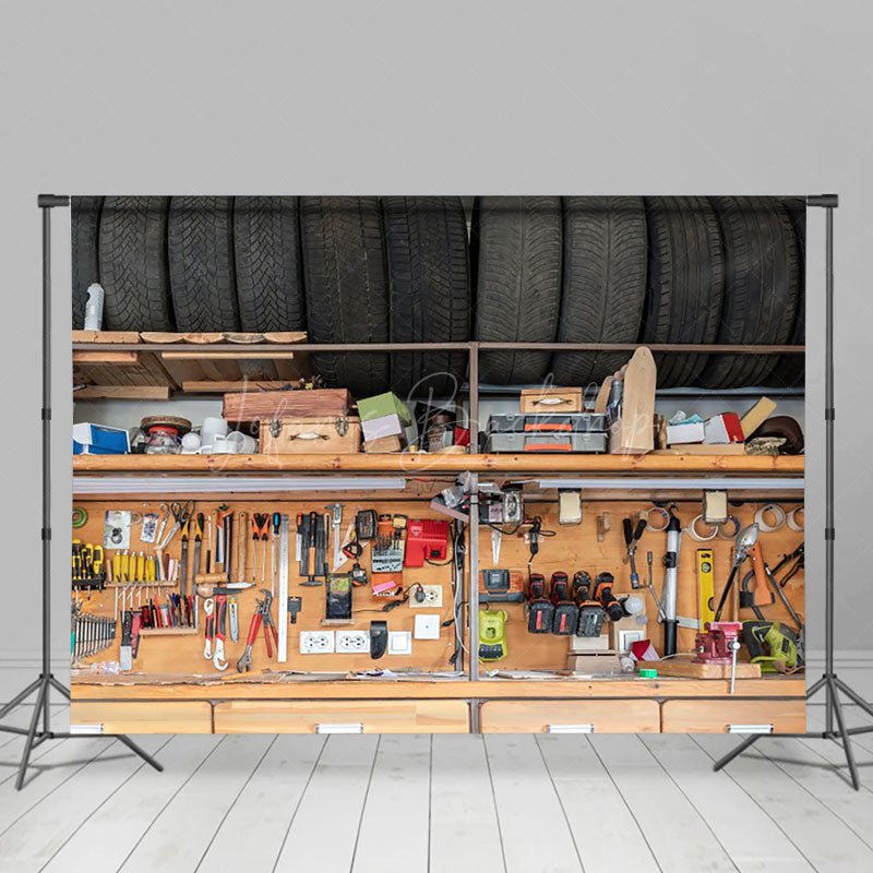 Lofaris Tire Wooden Auto Repair Tools Shelf Photo Backdrop