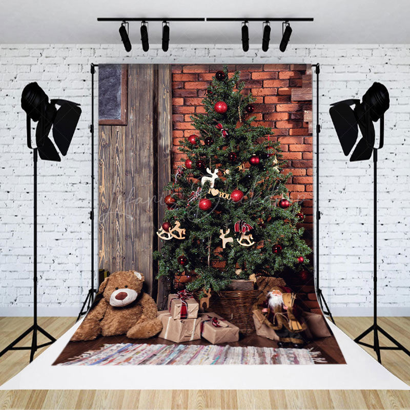 Lofaris Toy Christmas Tree Retro Brick Wall Photo Backdrop