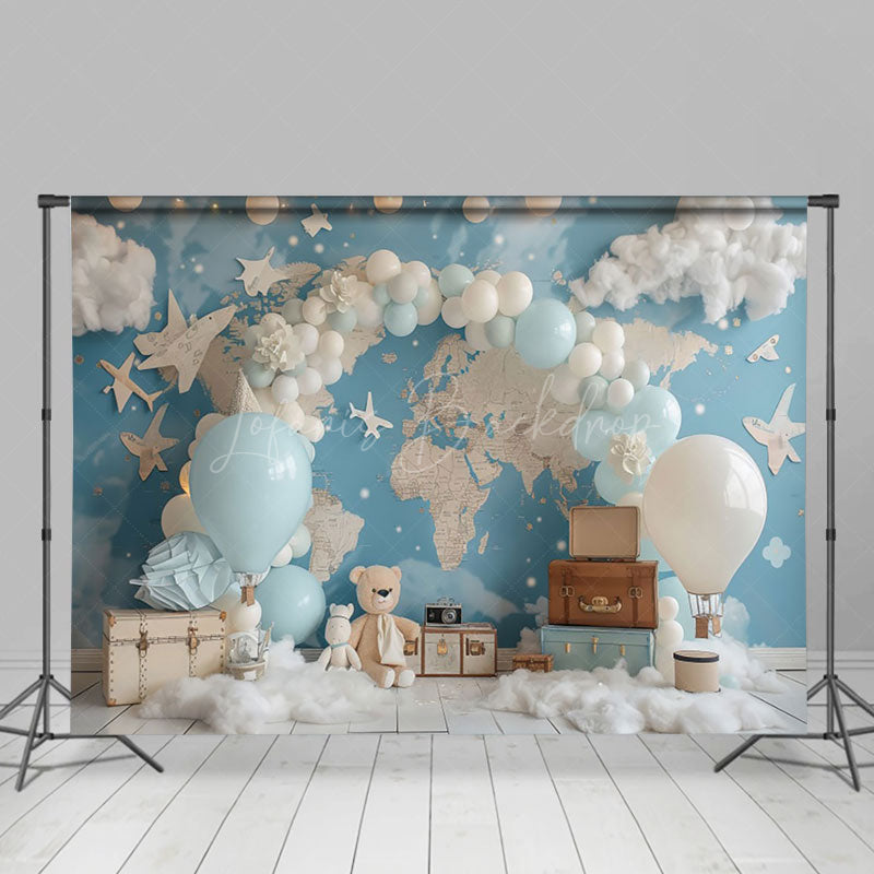 Lofaris Travel Bear Balloons Globe Map Cake Smash Backdrop