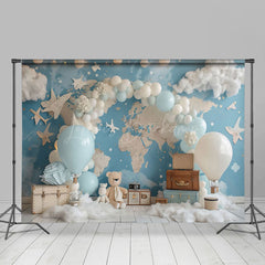 Lofaris Travel Bear Balloons Globe Map Cake Smash Backdrop