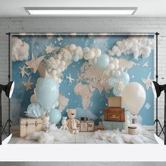 Lofaris Travel Bear Balloons Globe Map Cake Smash Backdrop