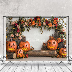 Lofaris Tree Stump Floral Pumpkins Halloween Photo Backdrop