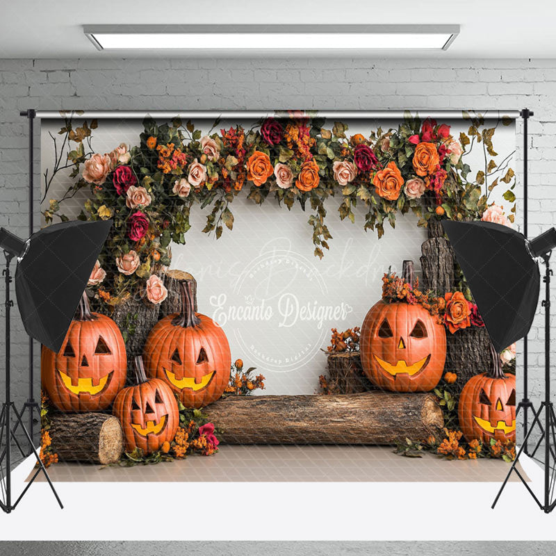 Lofaris Tree Stump Floral Pumpkins Halloween Photo Backdrop