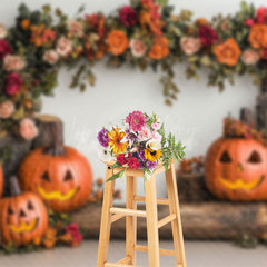 Lofaris Tree Stump Floral Pumpkins Halloween Photo Backdrop