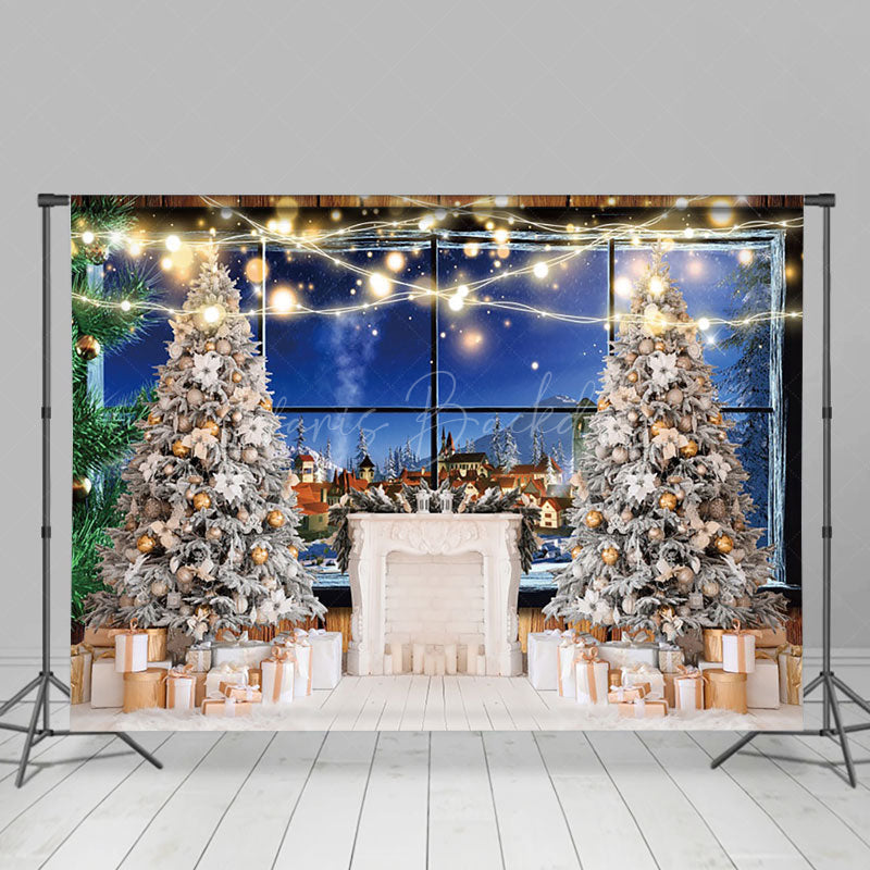 Lofaris Trees Gifts Night Rural Town Window Scene Backdrop