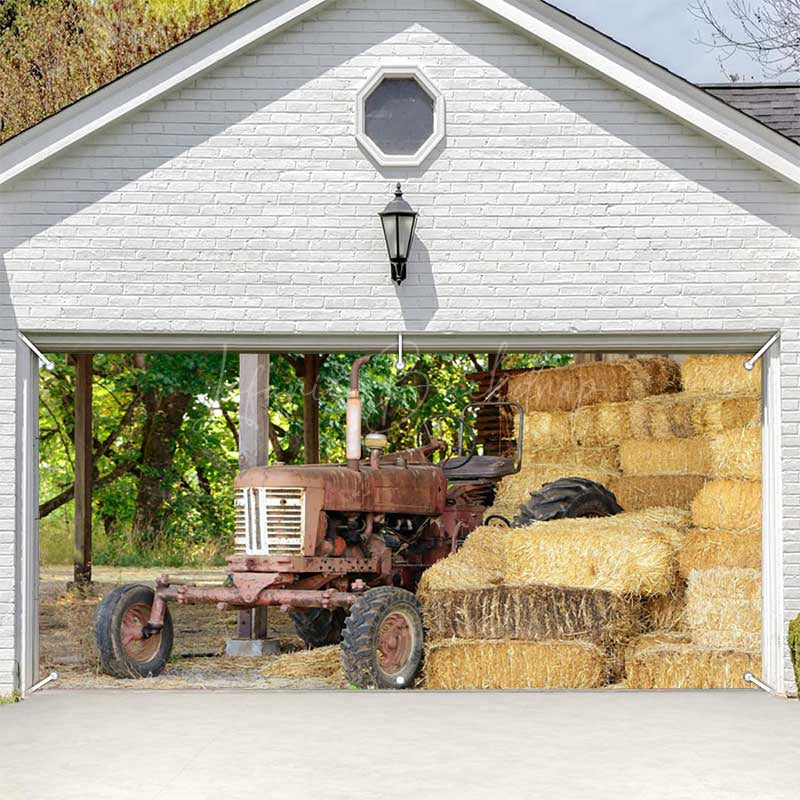 Lofaris Trees Old Tractor Stacks Autumn Garage Door Banner