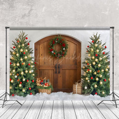 Lofaris Trees Wreath Bells Wooden Door Christmas Backdrop