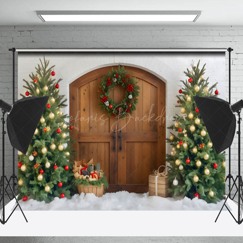 Lofaris Trees Wreath Bells Wooden Door Christmas Backdrop