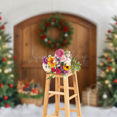 Lofaris Trees Wreath Bells Wooden Door Christmas Backdrop