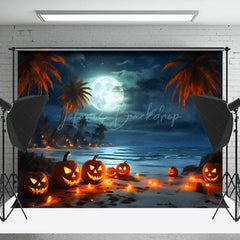 Lofaris Tropical Beach Full Moon Pumpkin Halloween Backdrop