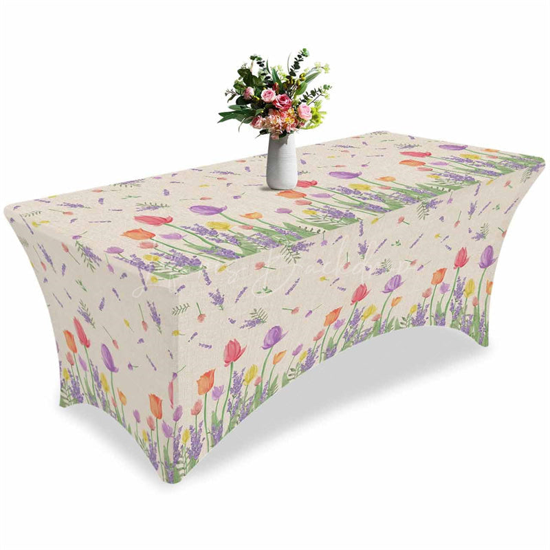 Lofaris Tulip and Lavender Floral On Burlap Stretch Table Cover