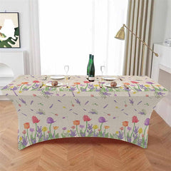 Lofaris Tulip and Lavender Floral On Burlap Stretch Table Cover