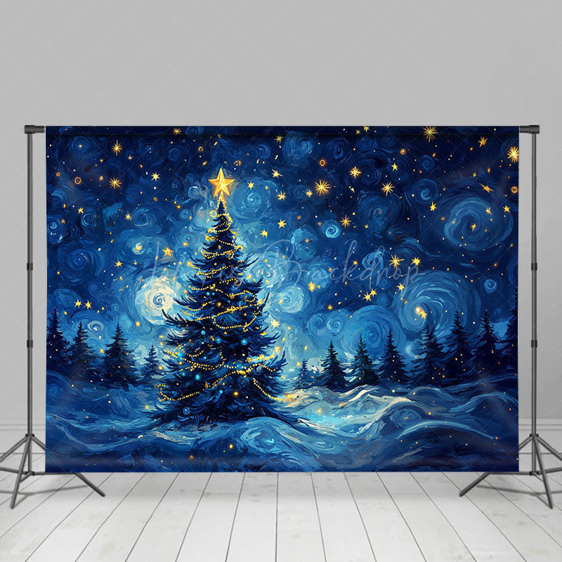 Lofaris Twinkling Stars Blue Sky Xmas Tree Christmas Backdrop