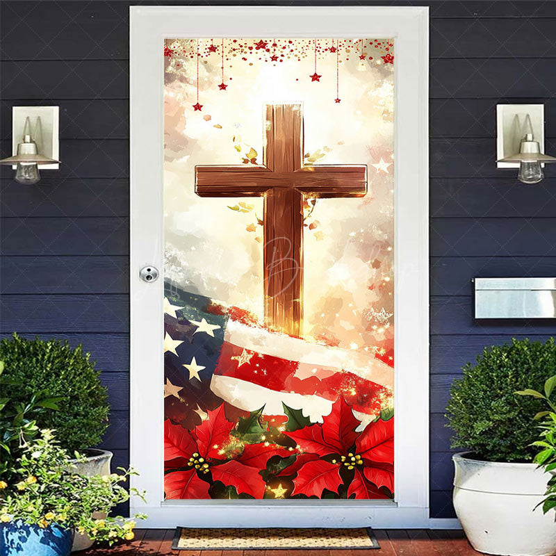 Lofaris Usa Flag Red Poinsettia Cross Christmas Door Cover