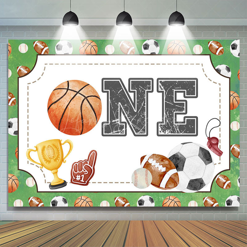 Lofaris Various Balls Sport Basketball One Birthday Backdrop