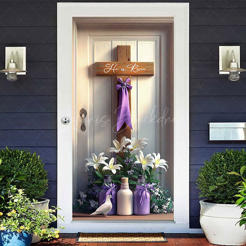 Lofaris Vase Floral Wood Cross He Is Risen Easter Door Cover