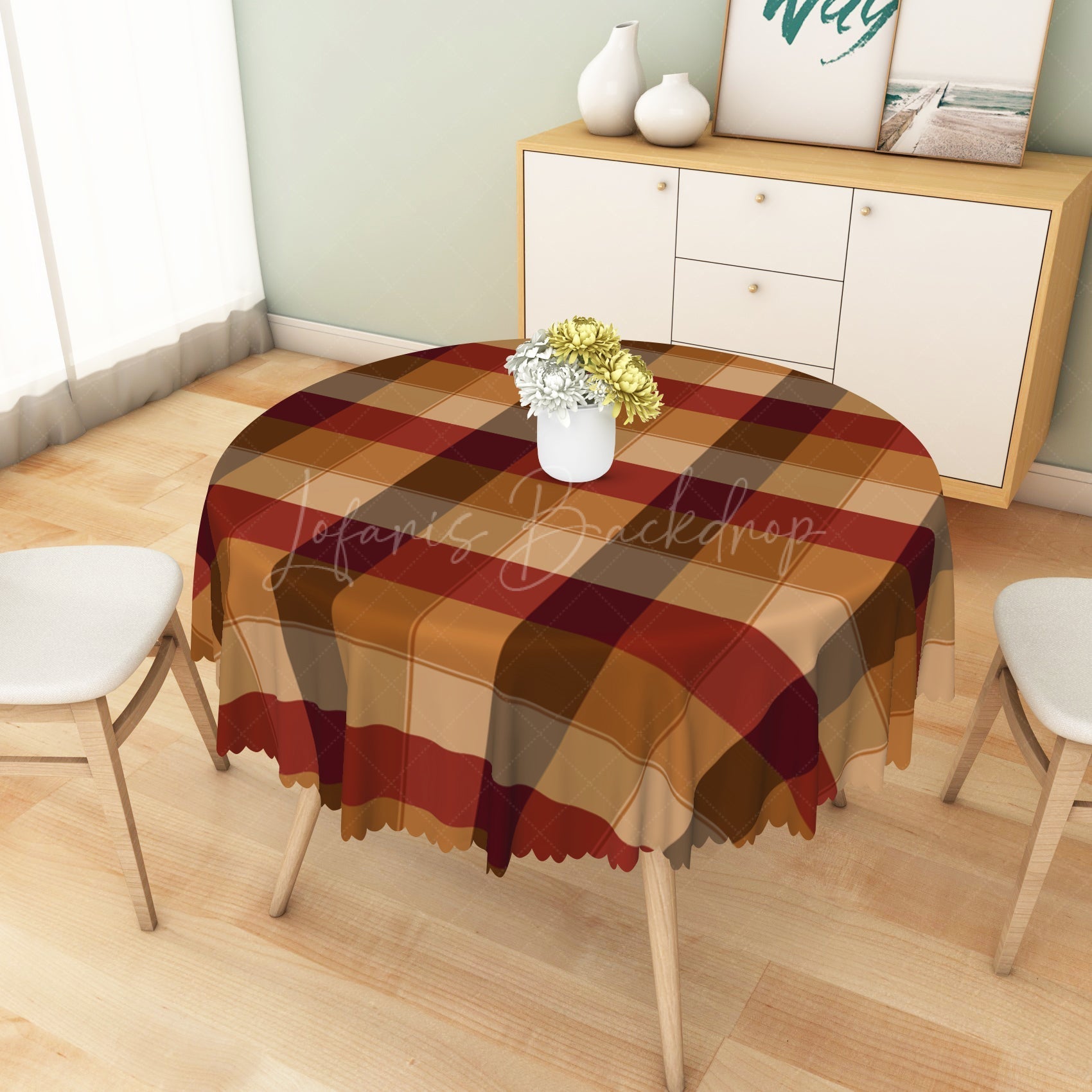 Lofaris Vibrant Red Brown Beige Checker Pattern Tablecloth