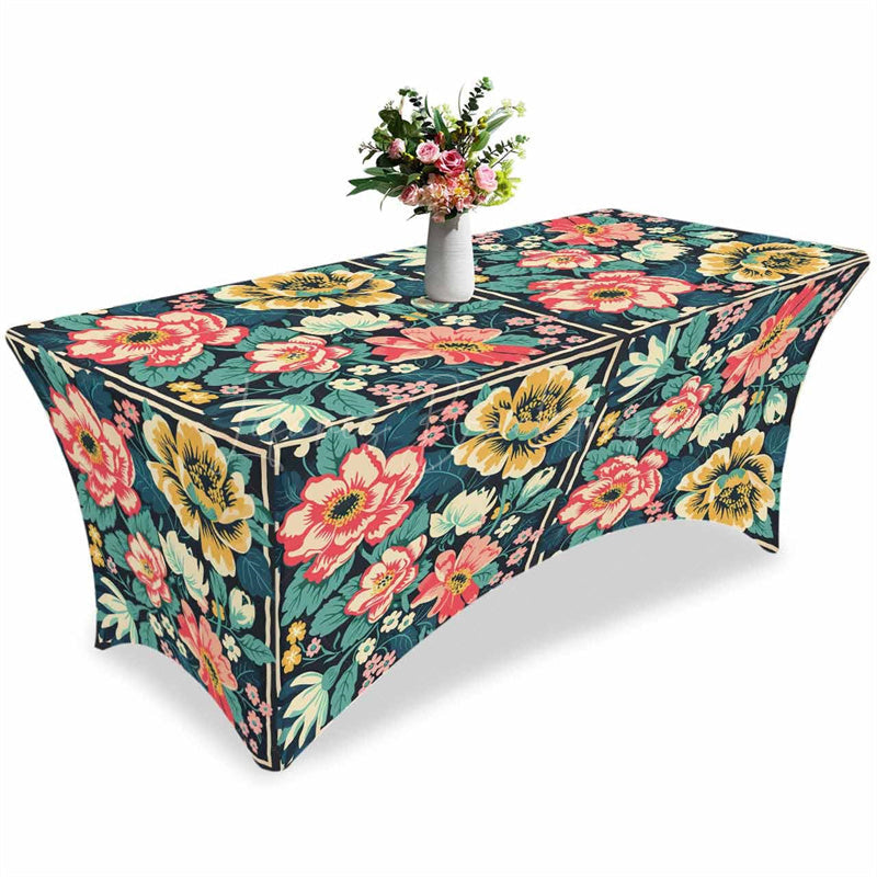 Lofaris Vintage Blossom Flower On Black Stretch Table Cover