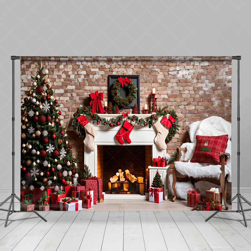 Lofaris Vintage Brick Wall Fireplace Sofa Christmas Backdrop