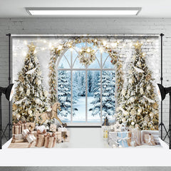 Lofaris Vintage Brick Wall Window Snow Forest Xmas Backdrop