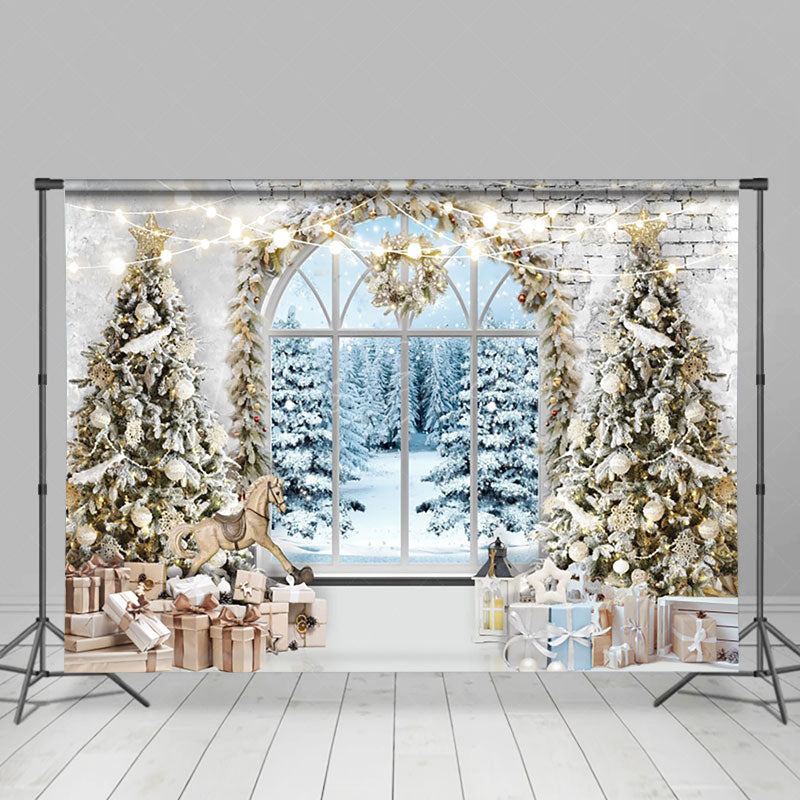 Lofaris Vintage Brick Wall Window Snow Forest Xmas Backdrop