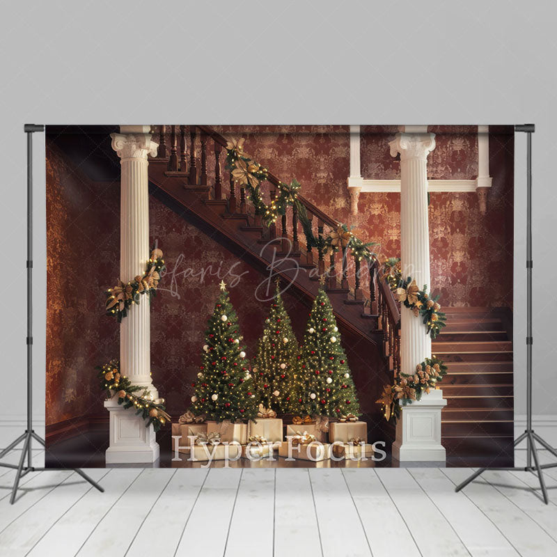 Lofaris Vintage Brown Christmas Vibe Stairs Photo Backdrop