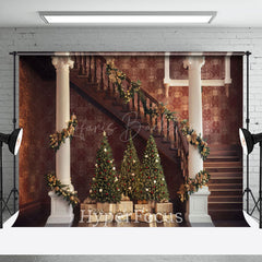 Lofaris Vintage Brown Christmas Vibe Stairs Photo Backdrop