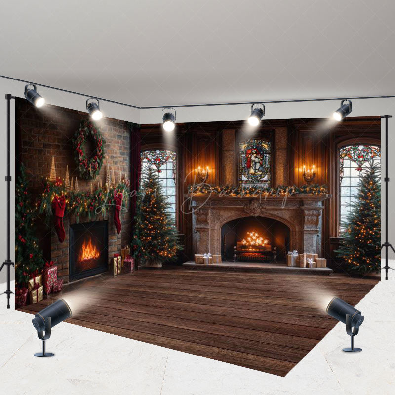 Lofaris Vintage Brown Fireplace Christmas Room Set Backdrop