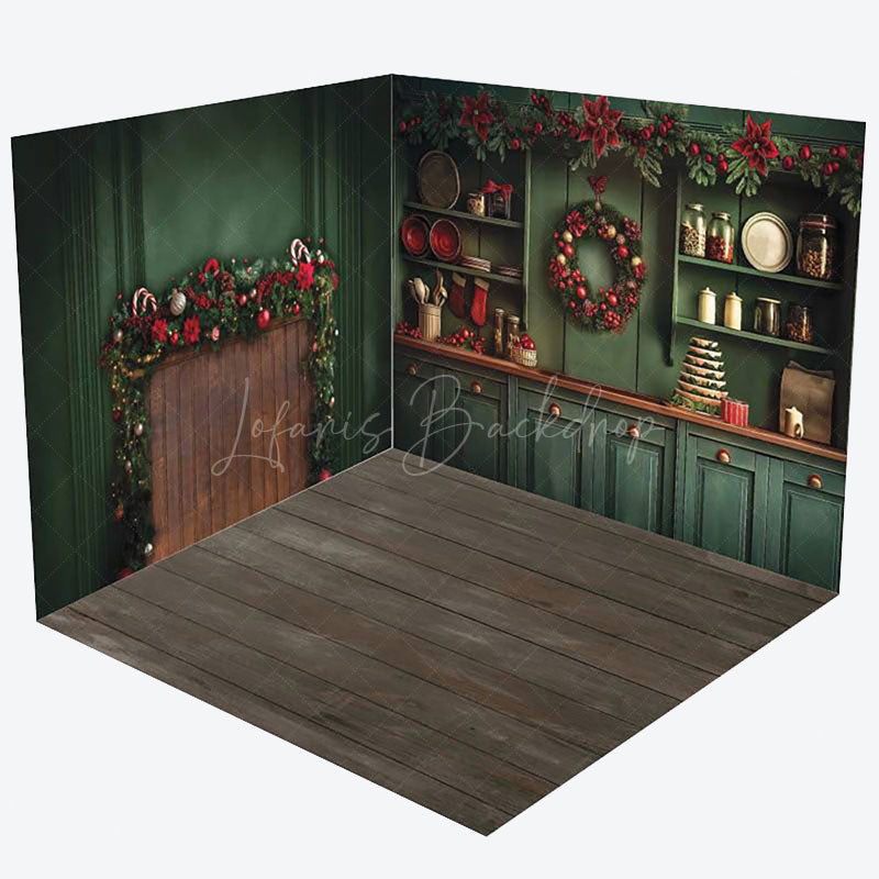 Lofaris Vintage Green Christmas Kitchen Room Set Backdrop