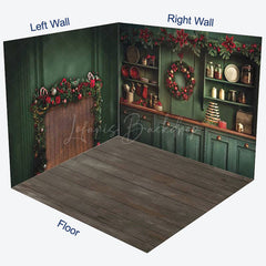 Lofaris Vintage Green Christmas Kitchen Room Set Backdrop