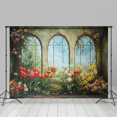 Lofaris Vintage Green Mural Window Floral Spring Backdrop