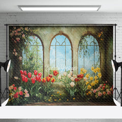 Lofaris Vintage Green Mural Window Floral Spring Backdrop