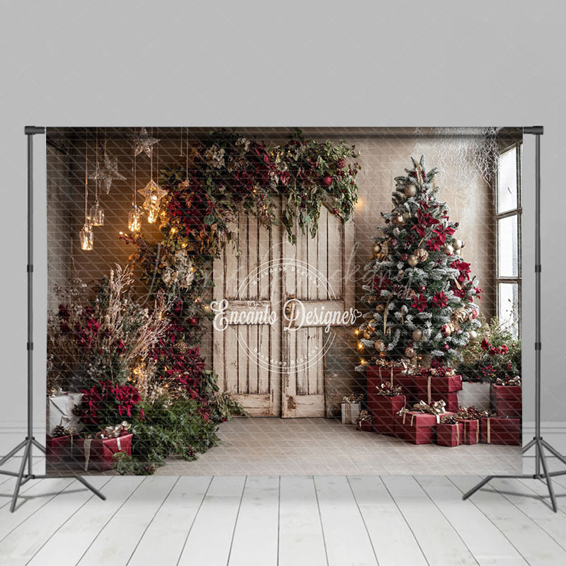 Lofaris Vintage House Winter Christmas Tree Photography Backdrop