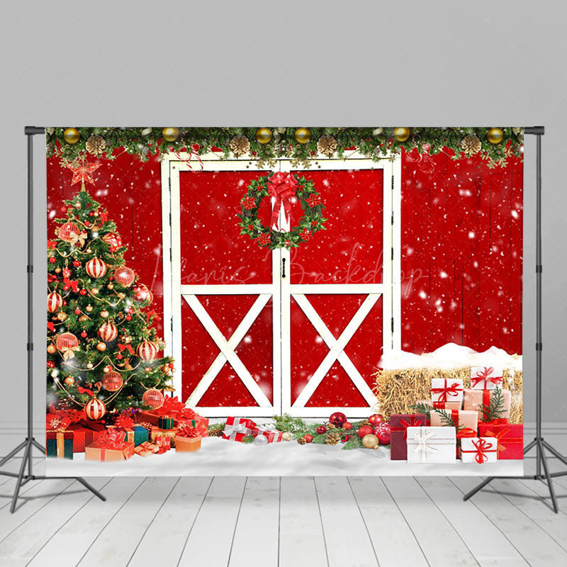 Lofaris Vintage Red Door Wreath Christmas Party Backdrop