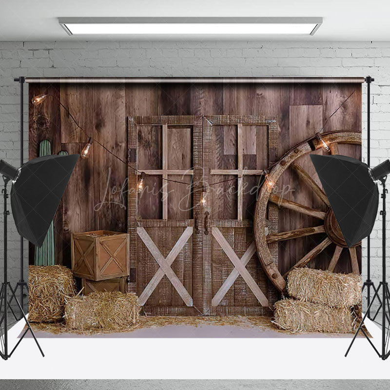 Lofaris Vintage Western Barn Hay Wood Wheel Door Backdrop