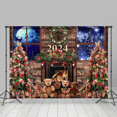 Lofaris Vintage Wood Fireplace Window Night Xmas Backdrop