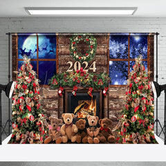 Lofaris Vintage Wood Fireplace Window Night Xmas Backdrop