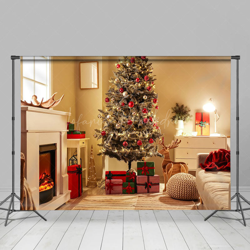 Lofaris Warm Festive Room Fireplace Christmas Tree Backdrop