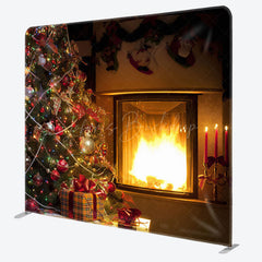 Lofaris Warm Fireplace Christmas Tree Tension Fabric Backdrop