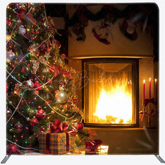 Lofaris Warm Fireplace Christmas Tree Tension Fabric Backdrop