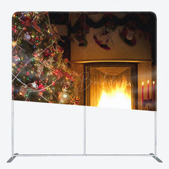 Lofaris Warm Fireplace Christmas Tree Tension Fabric Backdrop