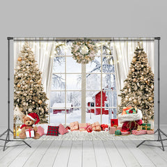 Lofaris Warm Home Teddy Bear Window Snow Cabin Xmas Backdrop