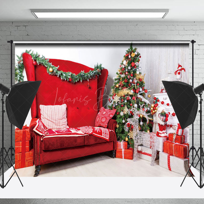 Lofaris Warm Indoor Red Sofa Tree Gift Box Christmas Backdrop