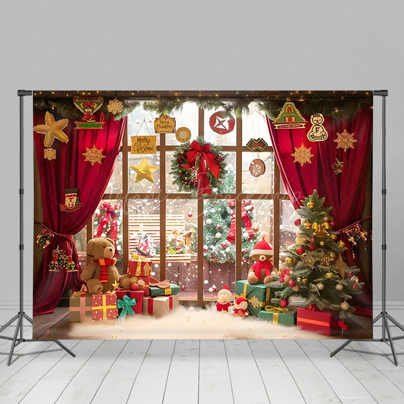 Lofaris Warm Interior Bear Red Curtain Christmas Backdrop