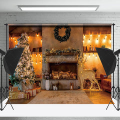 Lofaris Warm Light Retro Fireplace Christmas Tree Backdrop