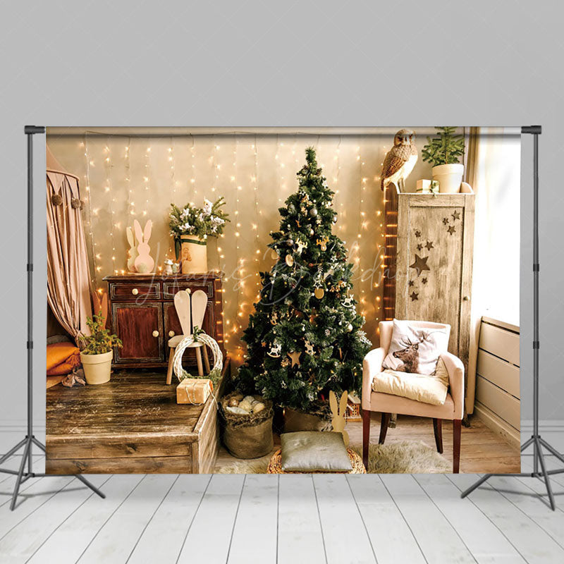 Lofaris Warm Log Style Bedroom Xmas Tree Christmas Backdrop