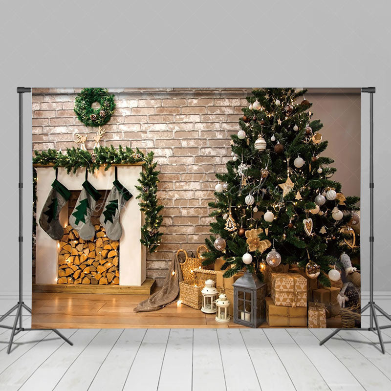 Lofaris Warm Log Style Trees Fireplace Christmas Backdrop