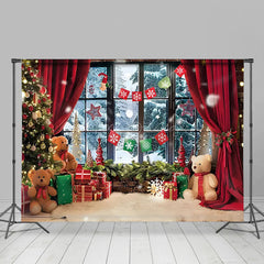 Lofaris Warm Window Bear Red Curtain Christmas Backdrop