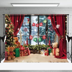 Lofaris Warm Window Bear Red Curtain Christmas Backdrop